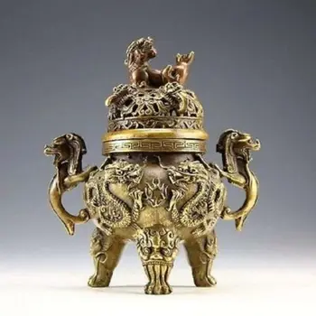 

Chinese collection of ancient bronze decoration dragon tiger incense burner metal handicraft