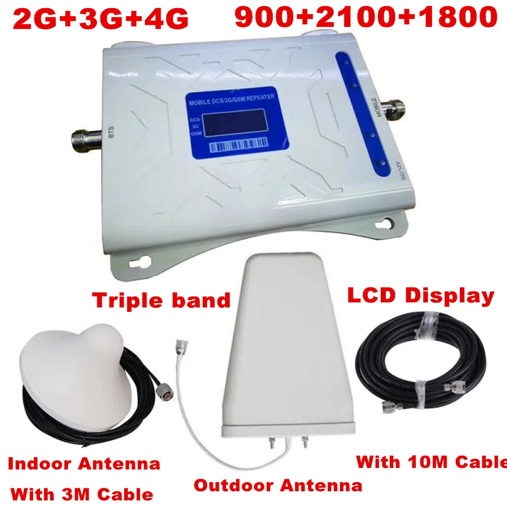 

Tri Band Mobile Signal Repeater 2G 3G 4G GSM 900/DCS LTE 1800/WCDMA UMTS 2100MHz Cellular Signal Booster Amplifier Set