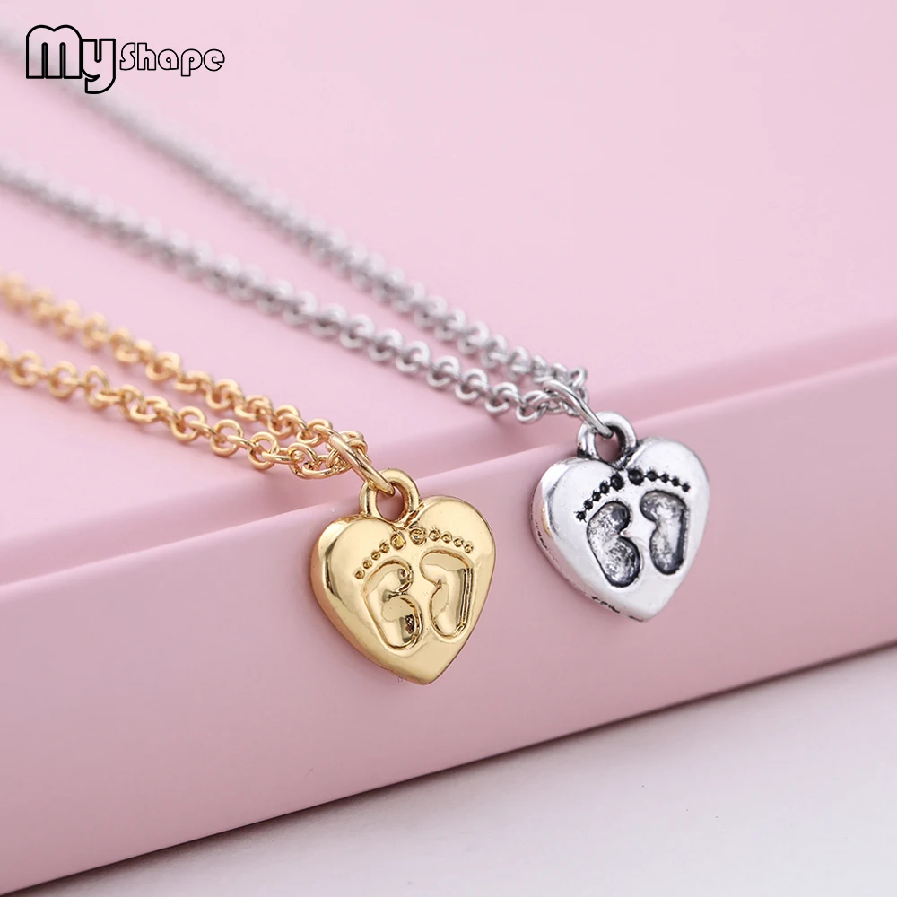 

My Shape Heart Cute Footprint Necklace Antique Silver Gold Love Pendant Necklaces Baby Commemorative Gift for Mother Father 2019
