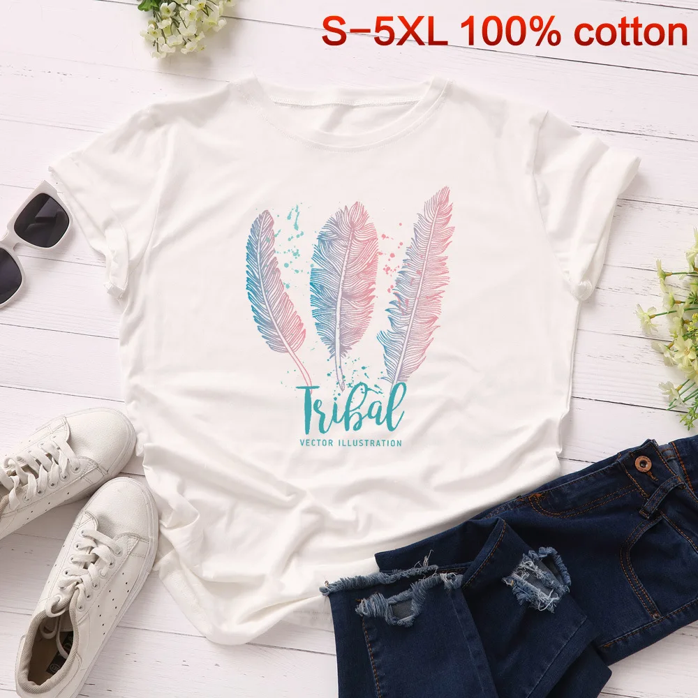 

SINGRAIN Fashion Harajuku Print Shirt Tee Women Summer Feather Basic Tops S-5XL Short Sleeves Plus Size Cotton Letter t shirt