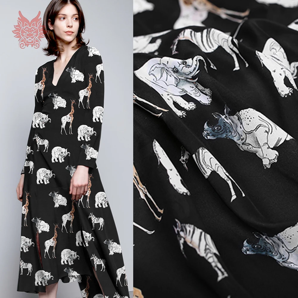 

American style black animal print 100% silk crepe de chine fabric apparel for dress natural silk tissu fabrc telas 16mm SP5146