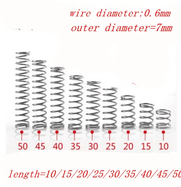 50 шт. 0.6 мм Нержавеющая сталь сжатия весны. Наружный диаметр 7 мм Длина 5/10/15/20/25/30/35/40 /45/50