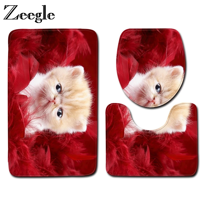 Zeegle Cat Pattern Bathroom Mat 3Pcs Bathroom Rugs Anti-slip Mat For Toilet  Bathroom Floor Carpets Absorbent Bath Rugs