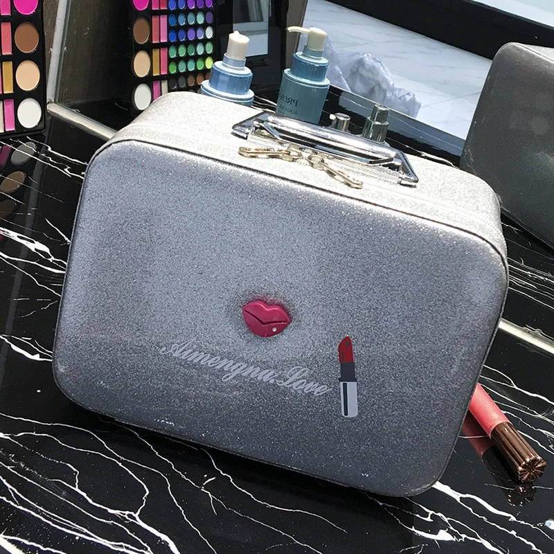 

PURDORED 1 pc Lip & Lipstick Pattern Cosmetic Box With Mirror Women Large Capacity Makeup Box Wash Organizer Bag Dropshipping