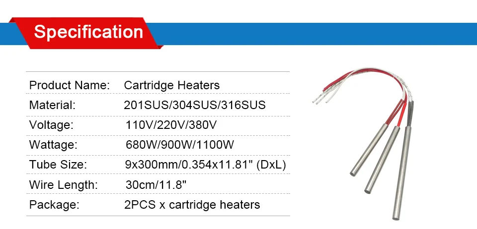 LJXH один конец проводной подогреватель картриджа Нагревательный элемент 9x300 мм/0,354 "х 11,81" AC110V/220 V/380 V Мощность 680 W/900 W/1100 W