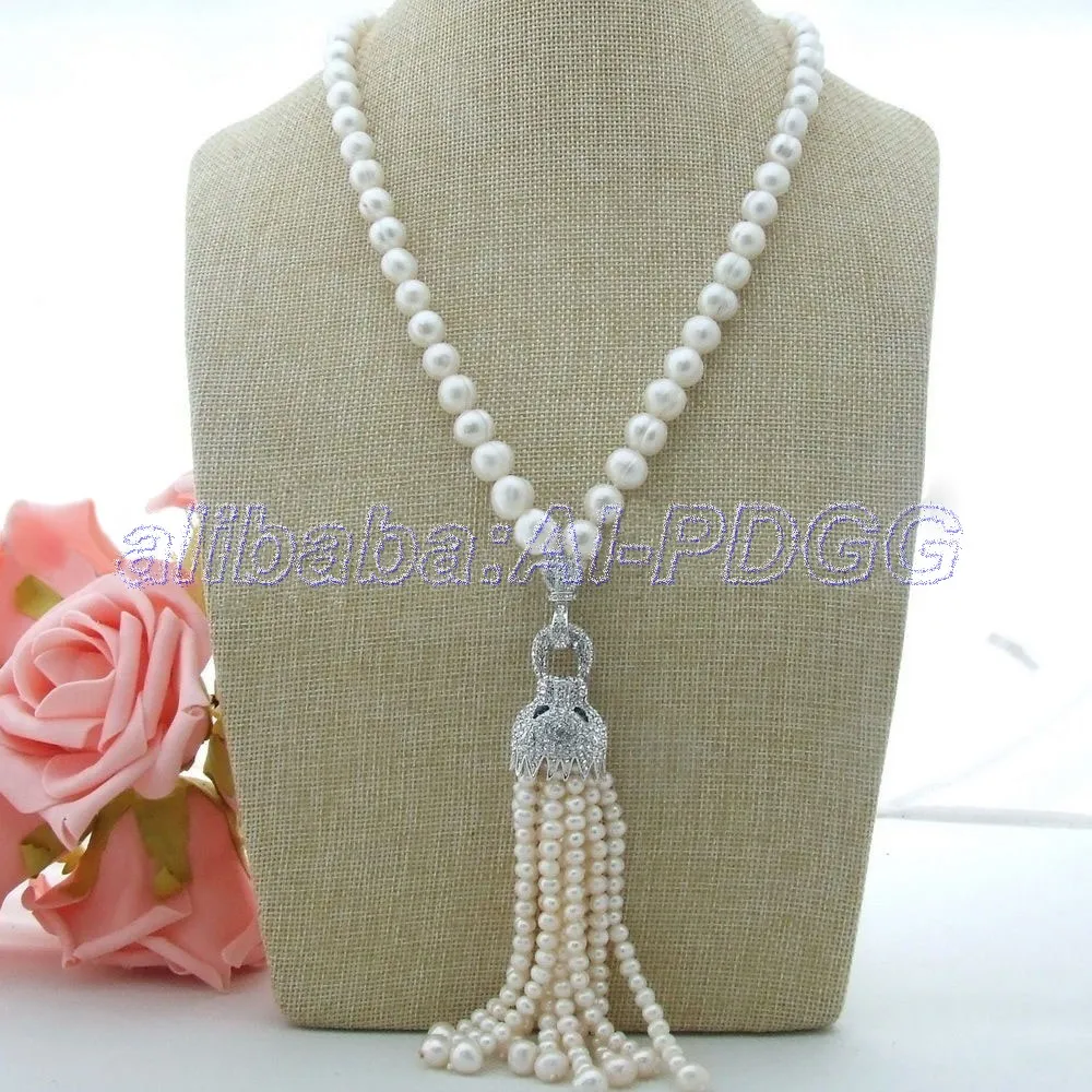 

23" 11mm White Pearl Necklace CZ Pendant free shipment