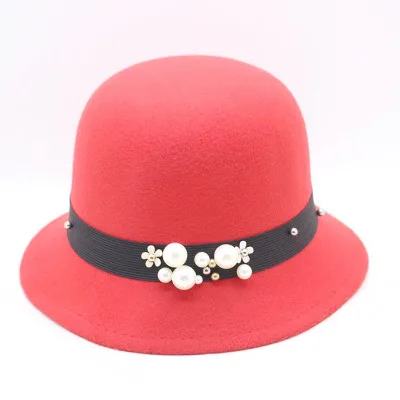 Новинка года; женские шляпы для мальчиков и девочек в стиле ретро с жемчугом; фетровая шляпа из полиэстера с широкими полями; пляжная кепка от солнца - Цвет: red
