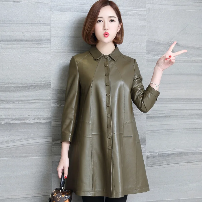 

HANZANGL Plus Size PU Leather Jacket Windbreaker 2019 Spring Autumn Women Coat Jacket Female Leather Outwear M-XXXL black/green