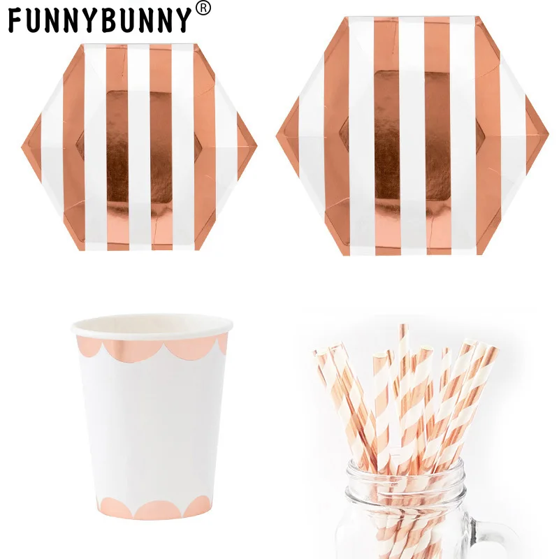 

FUNNYBUNNY Party Disposable Rose gold Dinnerware Set Heavyweight Paper Plates | Hexagon Design for Upscale Wedding and Dining