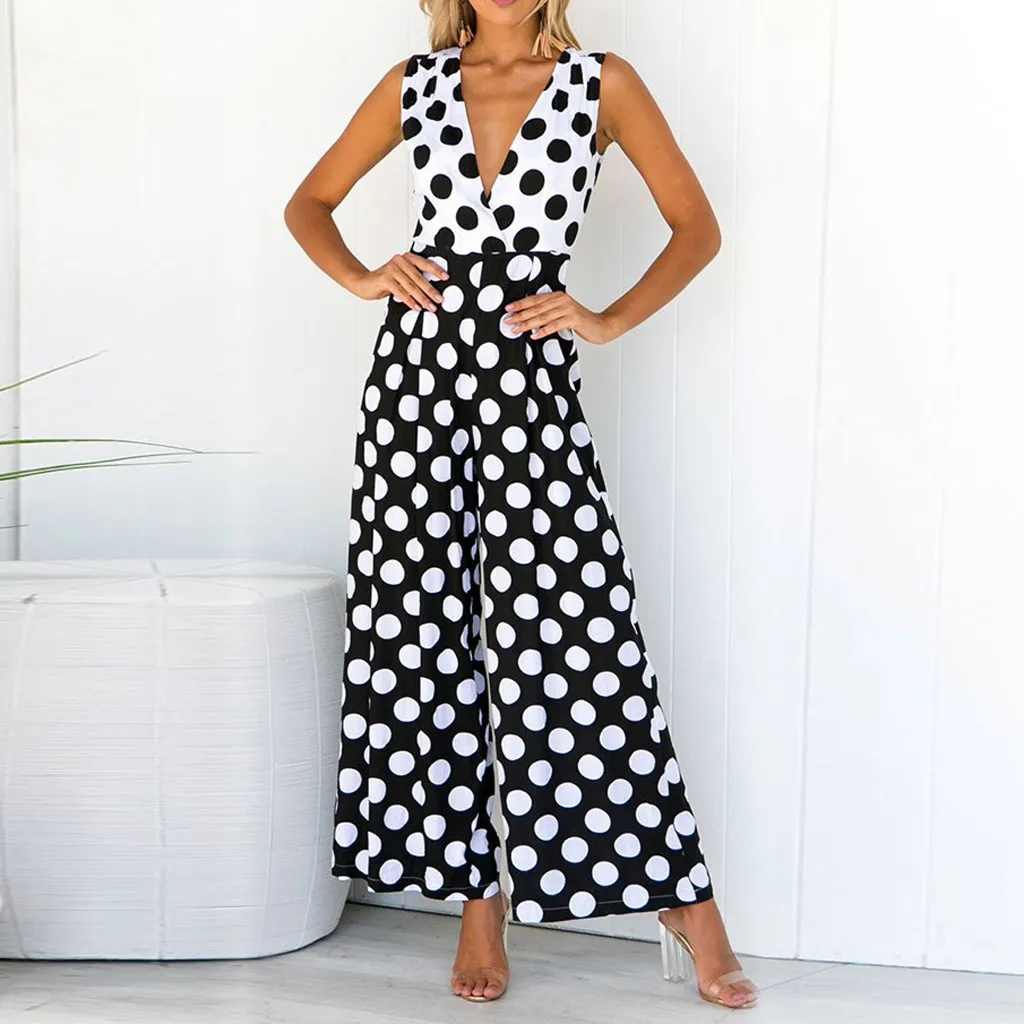 

Monos Mujer 2019 Women's V-Neck Casual Short Sleeveless Elastic Waist Dot Jumpsuit Women Playsuit Streetwear Body Femme Sexy