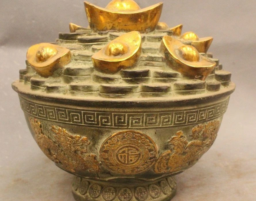 

8"Chinese Palace Bronze Yuanbao Dragon treasure bowl Wealth Tibetan Word Statue