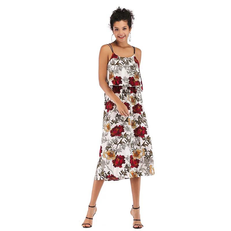 

Explosion Models 2019 Summer Ladies Cute Patchwork Clothing Female Slim-fit Halter Fresh Floral Printed Sling Chiffon Long Dress