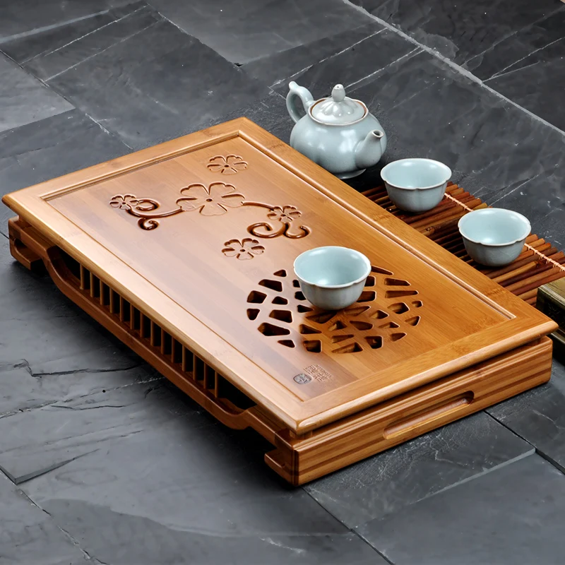 

Blooming and Riches * Chinese Bamboo Tea Serving Tray with Drawer Bamboo Tea Tray Table Gongfu Kung Fu Tea Tray 49*29*7 cm
