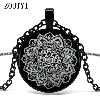 2018/Indian Mandala Flower Glass Pendant Necklace Tattoo Flower Black Chain Necklace Pendant Jewelry.
