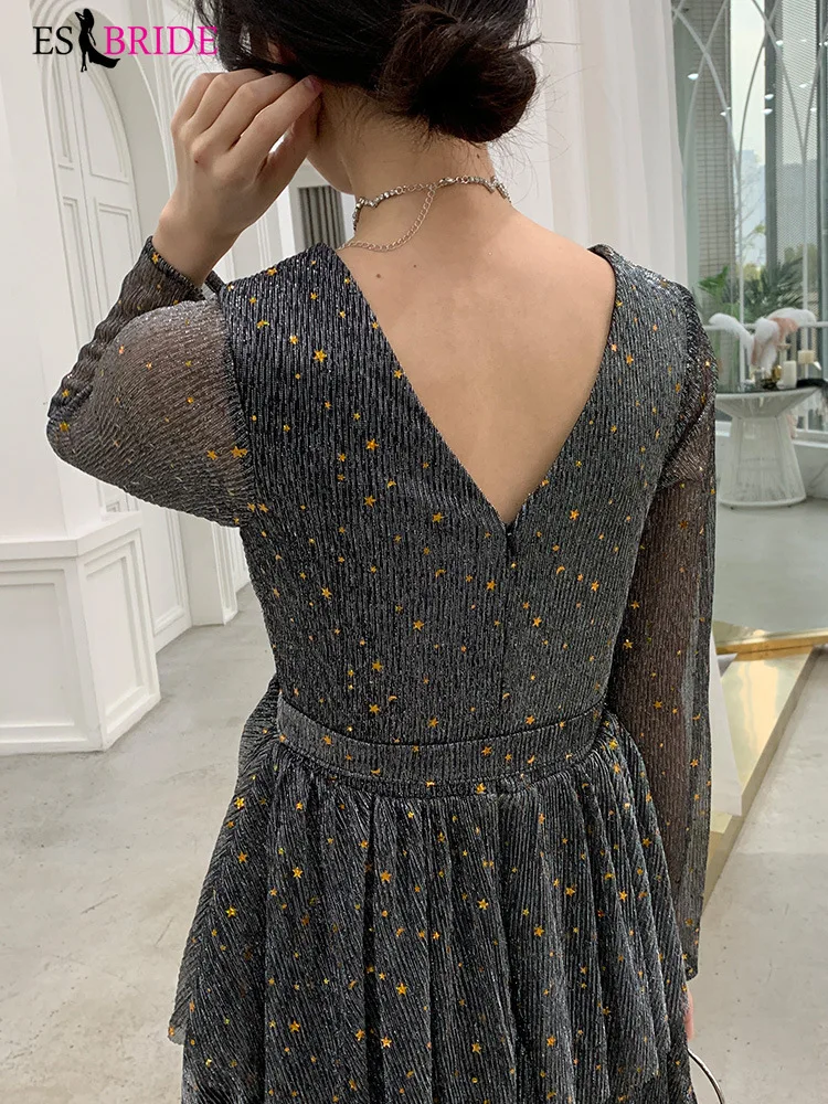 Deep Grey Evening Dresses Long Sleeve Elegant Evening Dress Arabic Special Occasion Dress Party Student Formal Dresses ES2562 Deep Grey Evening Dresses Long Sleeve Elegant Evening Dress Arabic Special Occasion Dress Party Student Formal Dresses ES2562