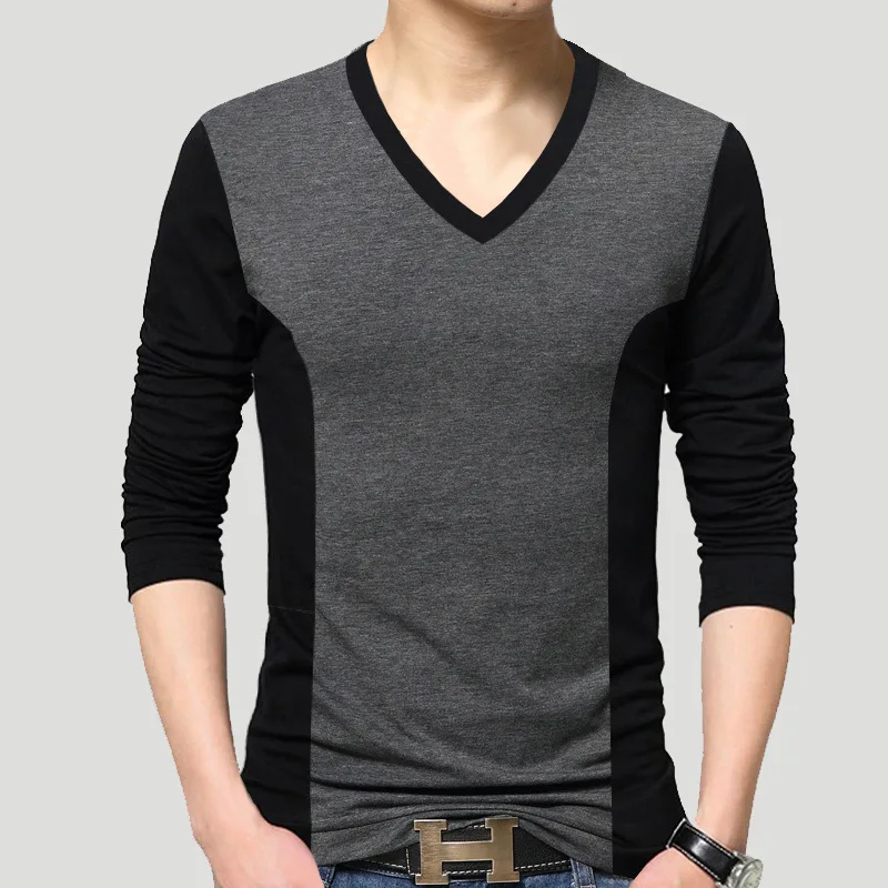 BROWON, модная мужская футболка, цветная, в стиле пэчворк, дизайнерская футболка, Homme, хлопковая футболка с длинным рукавом для мужчин, тенниска с треугольным вырезом, Homme - Цвет: gray t-shirt