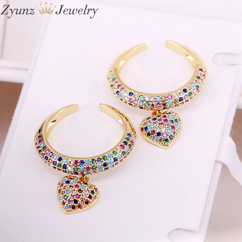 

5PCS, Multi Color CZ Micro Pave Rings Rainbow Cubic Zirconia Heart Drop Charms Rings Party Wedding Jewelry