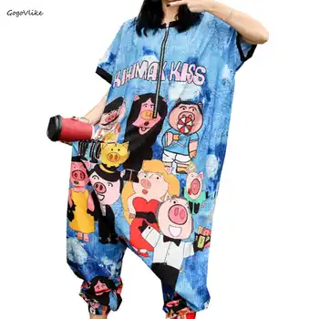 

2019 Cartoon Harem overalls High Waist women Blue Cargo jumpsuit Casual Slim salopette Pig Print playsuit Overalls LT957S30