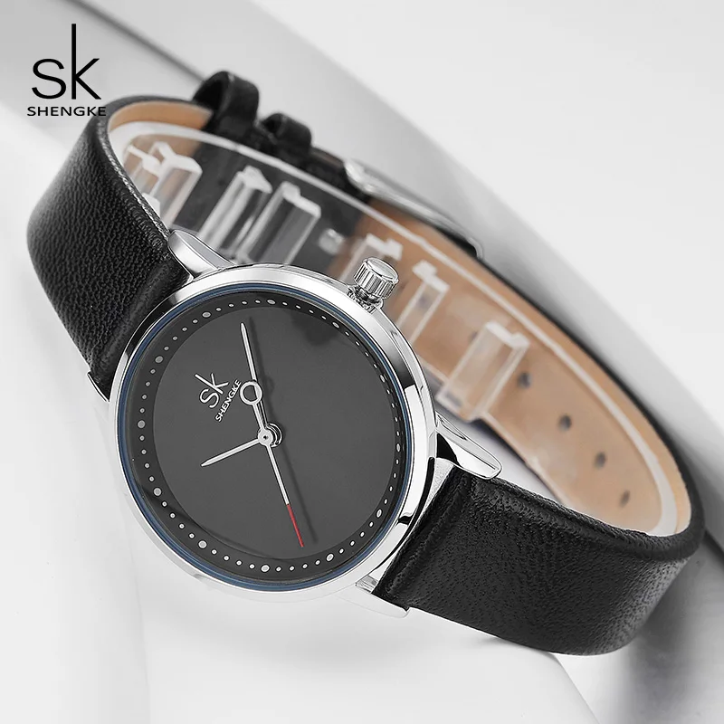 Ceny Shengke kreatywna ręka moda kobiety zegarki czarne skórzane damskie zegarek na rękę kwarcowy zegar Reloj Mujer 2019 SK Montre Femme