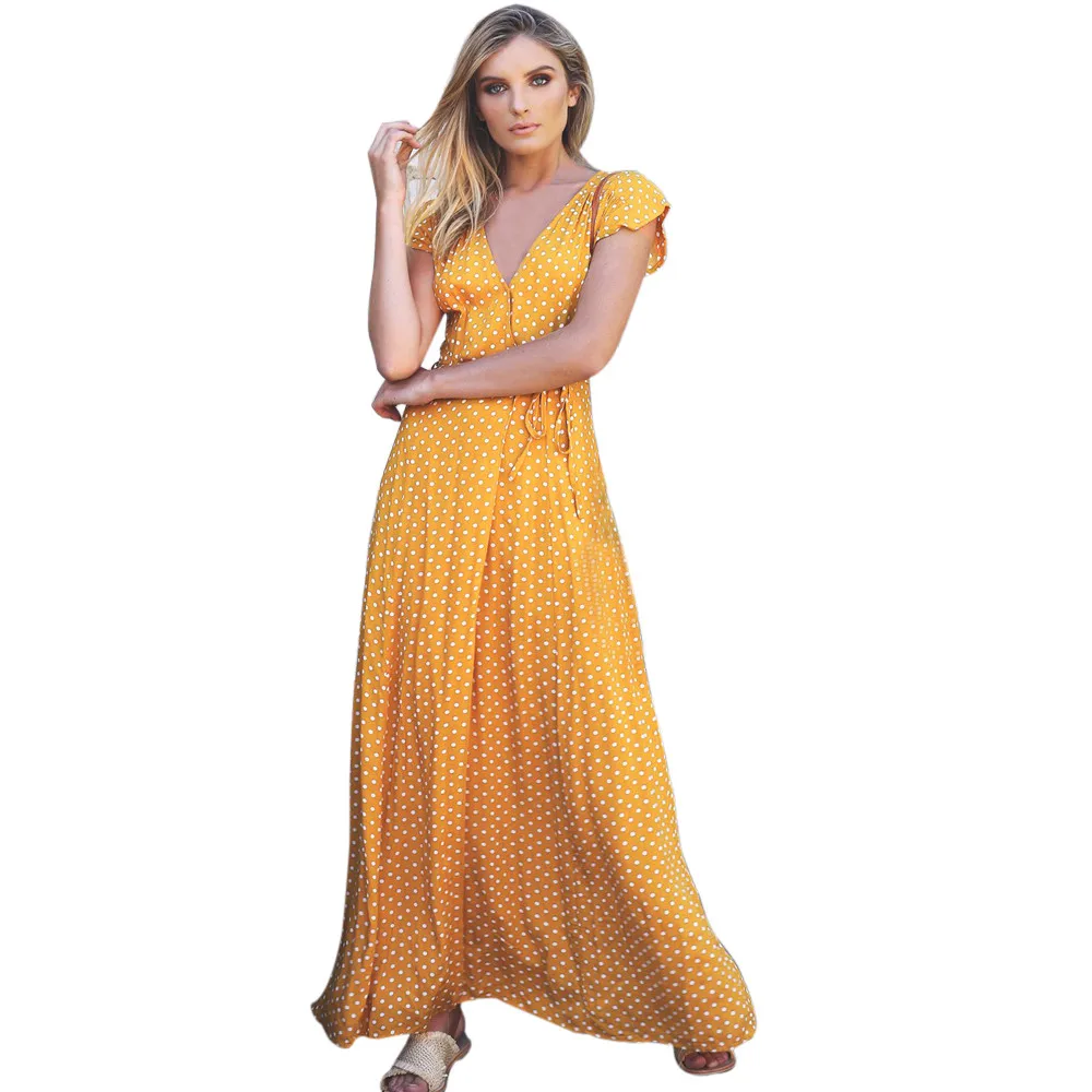 Vestidos verano 2018 Для женщин летнее платье дамы горошек Boho короткий рукав v-образным