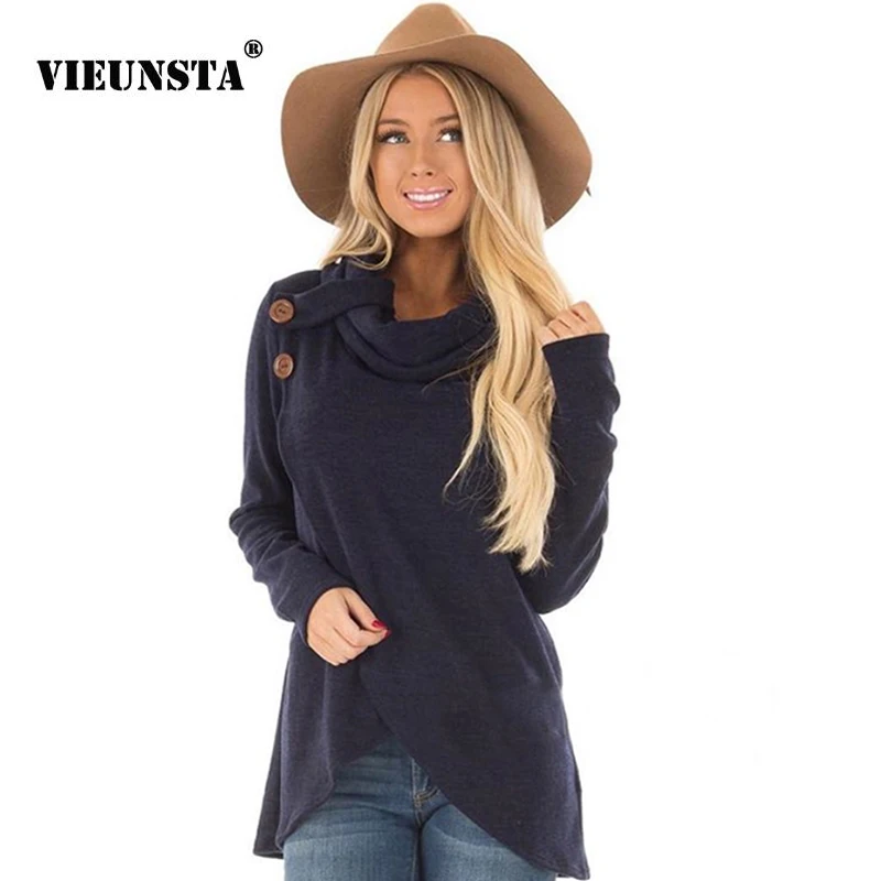 

VIEUNSTA Women Button Turtleneck Irregular Hoodies Warm Autumn Winter Sweatshirts Casual Long Sleeve Solid Pullover Female Tops