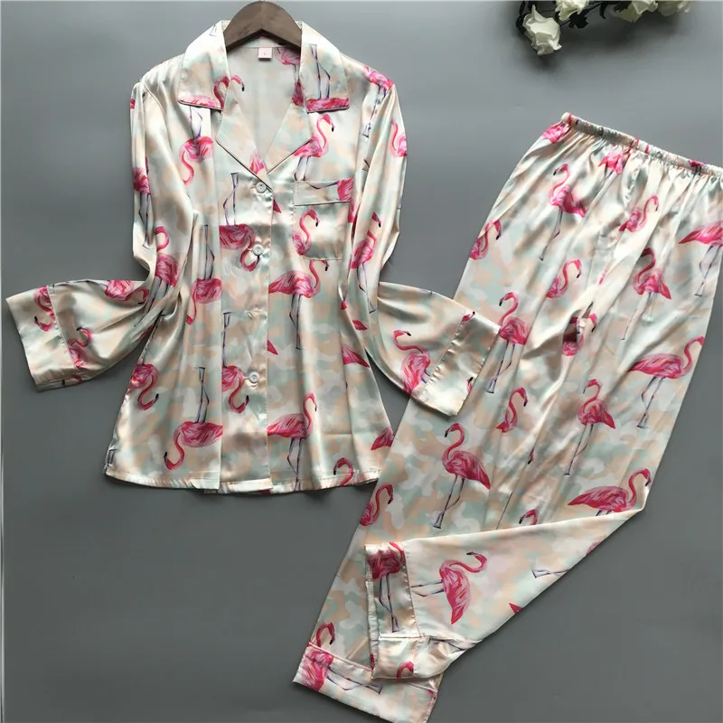 JRMISSLI, женские пижамные комплекты, пижамы с принтом, Женская атласная пижама с фламинго,, Весенняя Элегантная Шелковая Домашняя одежда, модная Пижама