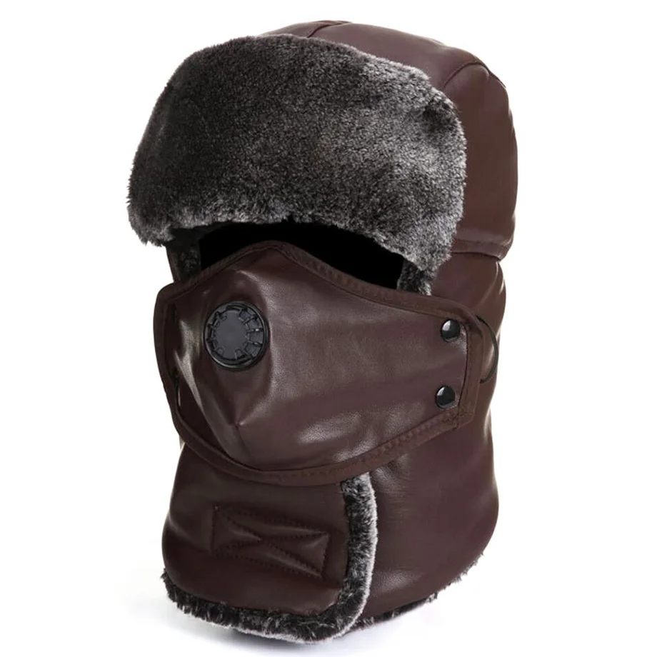 men bomber hat warm fur earflap brown caps ushanka hat pu leather hats