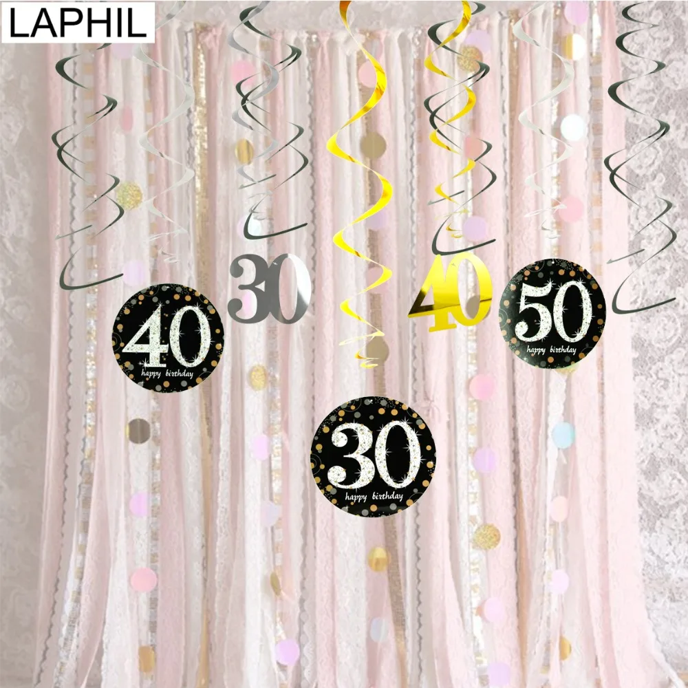 

LAPHIL 12pcs 30th Birthday Hanging Swirl Spiral Black Gold Happy Birthday Party Decorations Adult 30 40 50 60 Years Party Favors