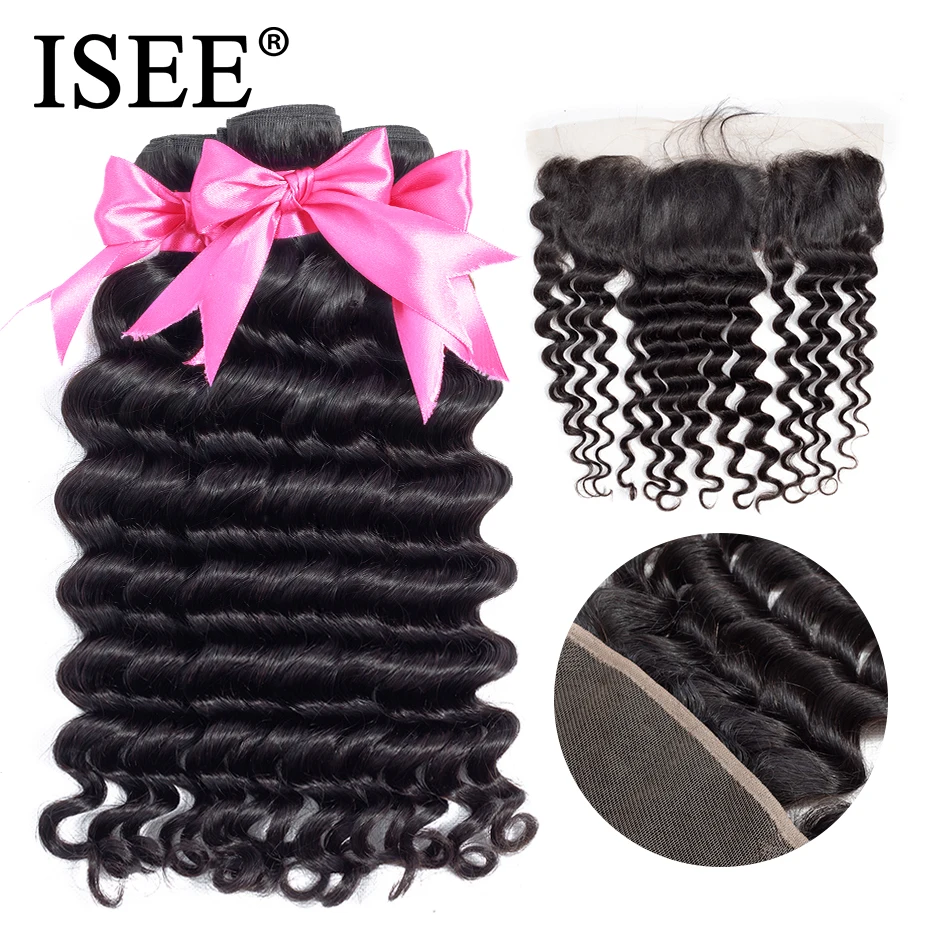 ISEE HAIR Human Hair Bundles With Frontal 13*4 Pre Plucked Lace Frontal Remy Peruvian Loose Deep Bundles With Frontal