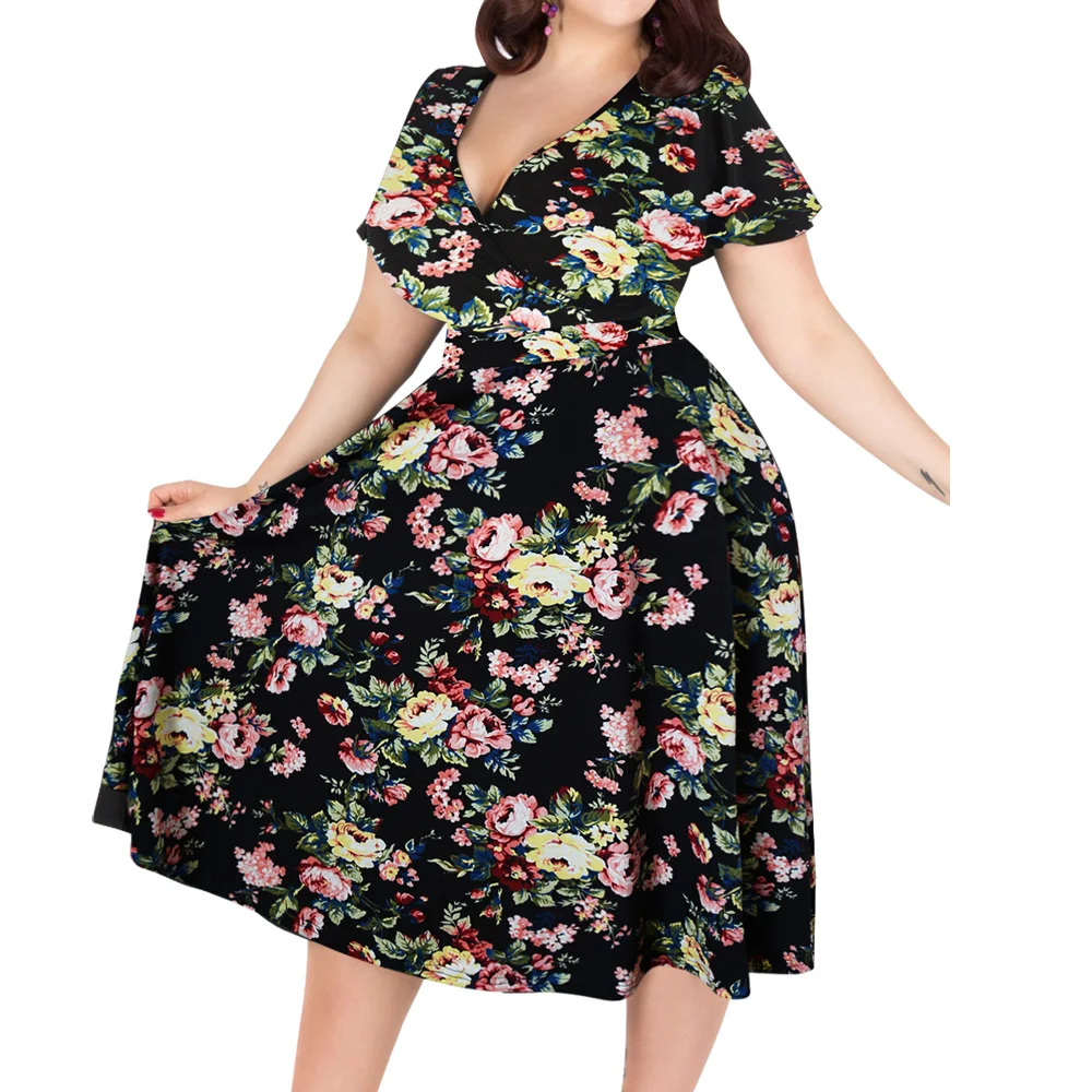 

Joineles Sexy Floral Print Vintage Dress Women Summer V-Neck Short Sleeves A-Lined Dress Pin Up Party Dresses Plus Size 3XL-9XL
