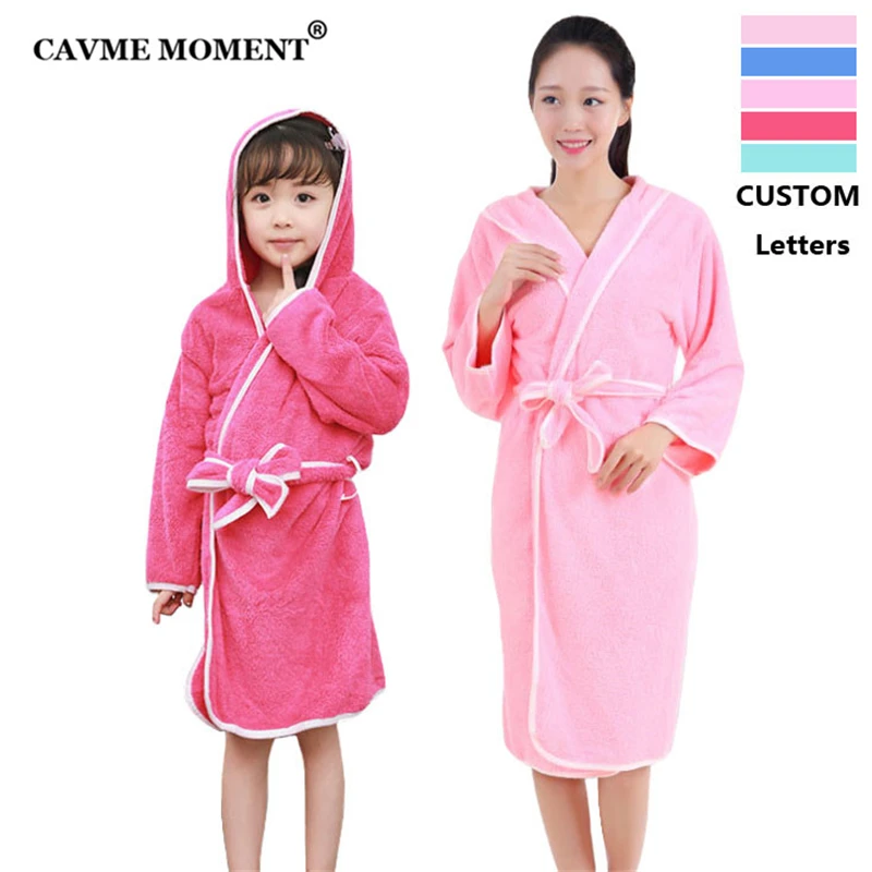 

CAVME 2019 Winter Hooded Coral Fleece Robes for Women Thicken Long Robe Kimono Sleepwear CUSTOM LETTERS Gift for Kids