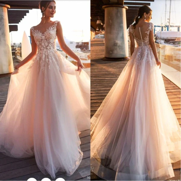 Beach Wedding Pink Tulle Wedding Dress Country Wedding Dress Blush Long Flower Girl Dress
