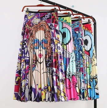 

2019 Summer High Street Style A-line Mid-Calf Christmas New-Coming Europen Cartoon Pattern High Elasticity Pleated Skirt