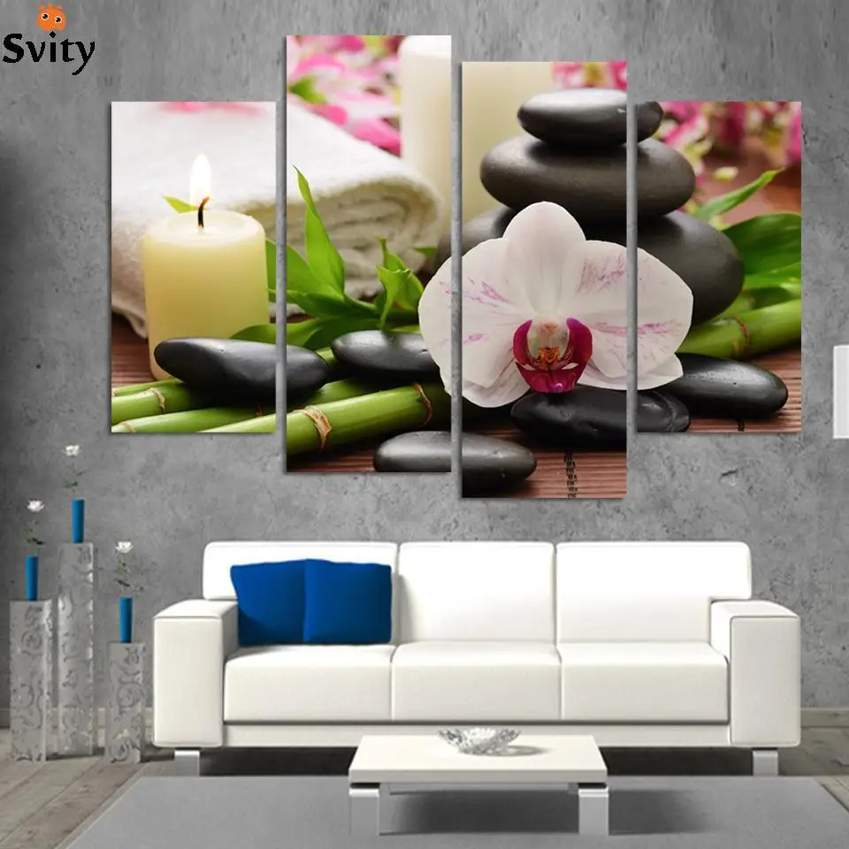 4 панели SPA настенная живопись HD candels Лидер продаж Весна камень бамбук изображения, картина из 3 частей принты для гостиной H076