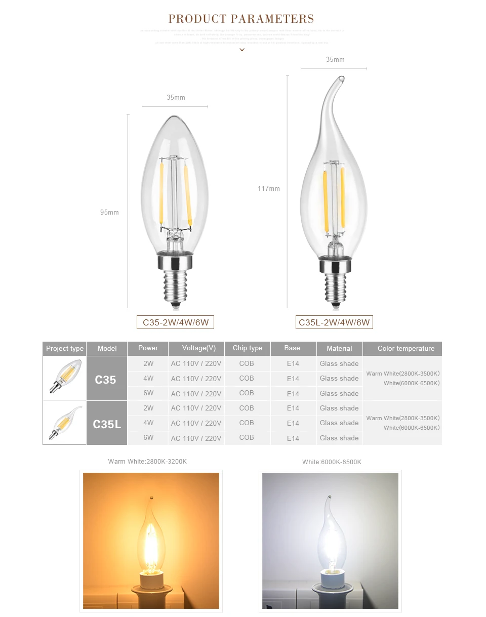 Старинная светодиодная нить лампы Led лампы в форме свечи света 2 Вт, 4 Вт, 6 Вт, 220 V/110 V C35 C35L E14 прозрачный Стекло оболочки ретро Светодиодная лампа edison