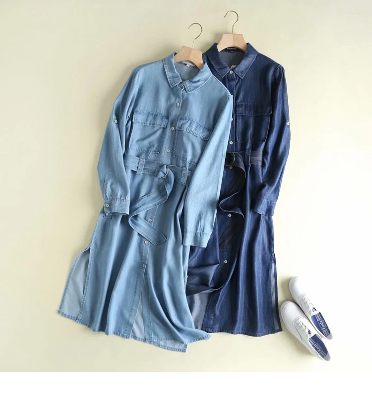 

2019 summer belt waist casual denim long sleeve Single-breasted dress