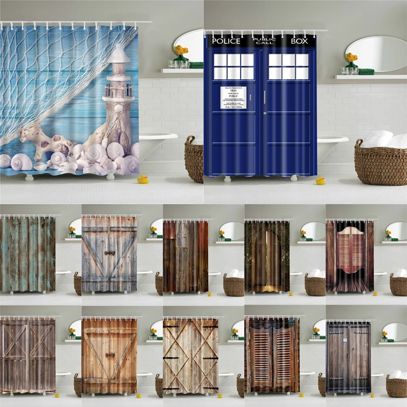 

Polyester Fabric Bath Screen Shower Curtains Bathroom Curtain 3d Wooden Door Printed Waterproof Curtain for Home Decor