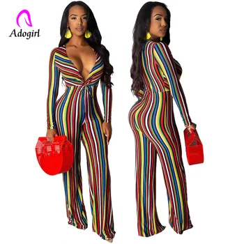 

Elegant Striped Work Women Jumpsuit Long Sleeve Sexy Deep V-neck Skinny Bodycon Romper and Overalls Combinaison Oufit Femme 2019
