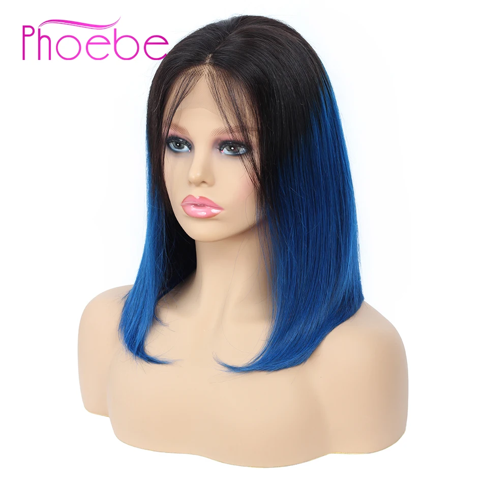 Phoebe 13x4 кружевной передний парик с Омбре 1B Blue короткие человеческие волосы парики