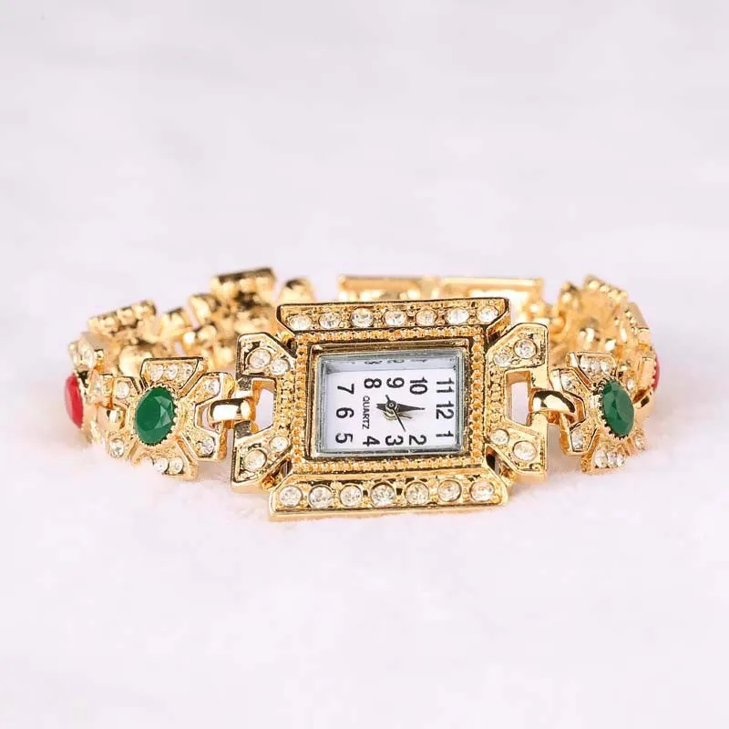 Из Индии Стразы Наручные часы Тибетский Стиль Золотые Квадратные смоляные браслеты для женщин