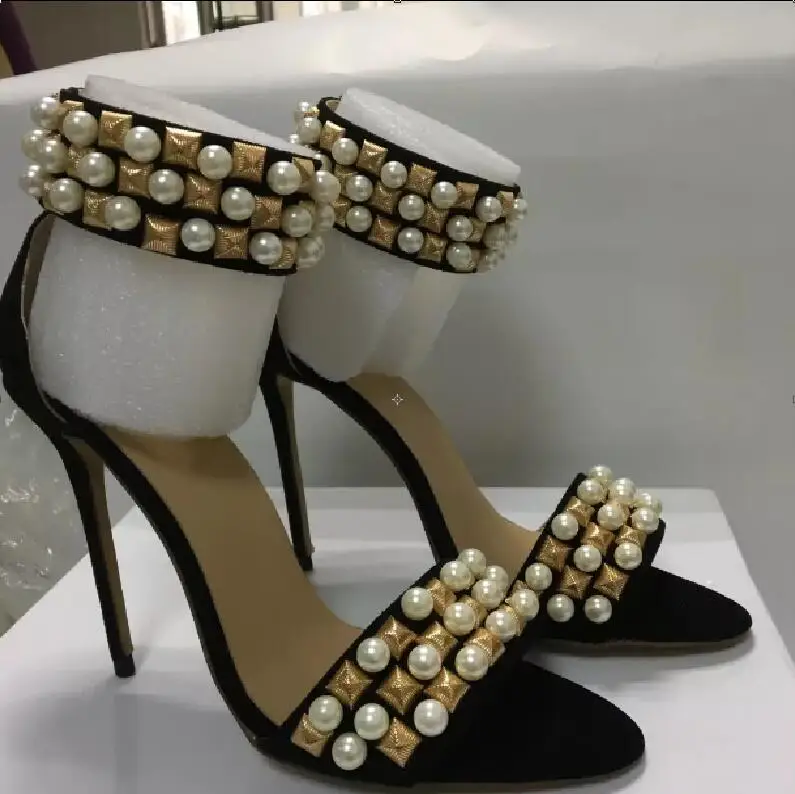 

Hot Fashion Sweet Black Genuine Leather Back Strap Shoes Peep Toe Thin Heels Shoes Metal Decoration Big size women's Sandals