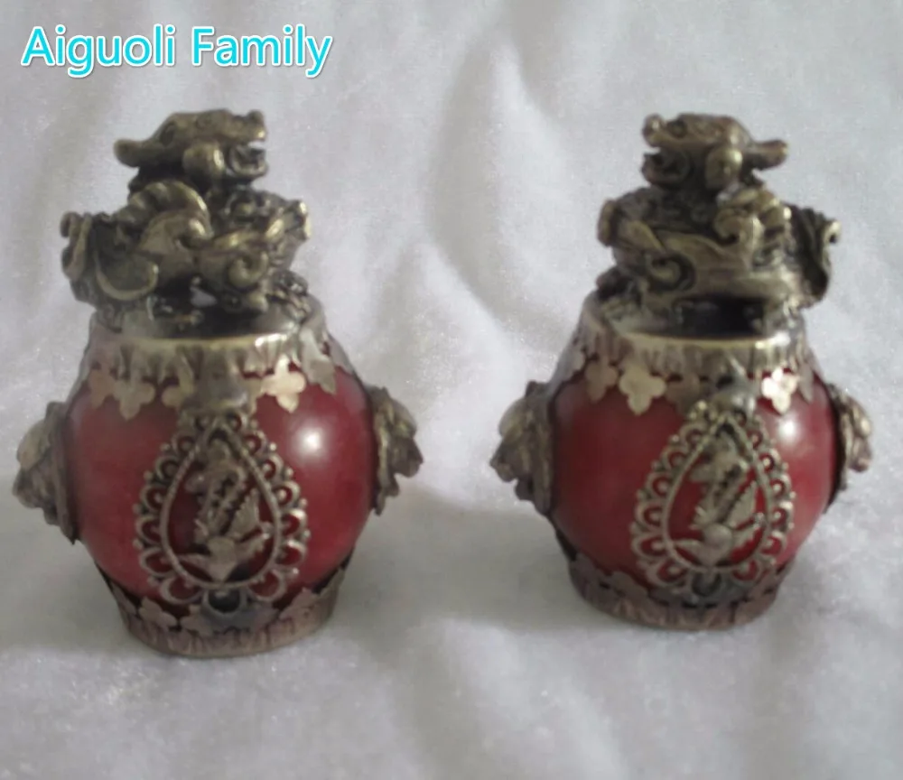 Goede Kunstcollectie 1 Paar (2 item) Tibet Zilveren Rode Jade dappere troepen Standbeeld Chinese Woondecoratie FengShui \