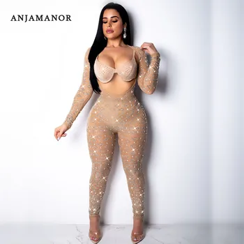 

ANJAMANOR Sexy Rhinestone Mesh Tight Bodycon Jumpsuit 2019 Women Rave Festival Party Club Wear Long Sleeve Rompers D35-BC58