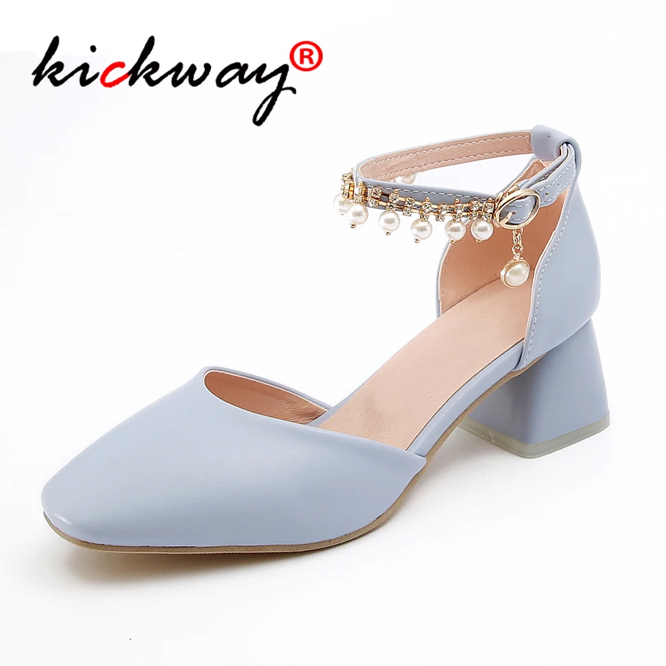 

2019 New Shoes Women Pearls Chains Heels Party Pumps Ladies Summer Sexy Square Toe Block Heel Shoes Big Size zapatos mujer 34-43