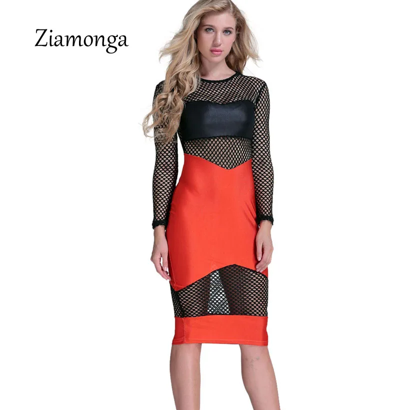 Ziamonga, зимнее Сетчатое вечернее платье с длинным рукавом, просвечивающее, облегающее, с вырезом, Бандажное, сексуальное Клубное платье, Vestidos Femme