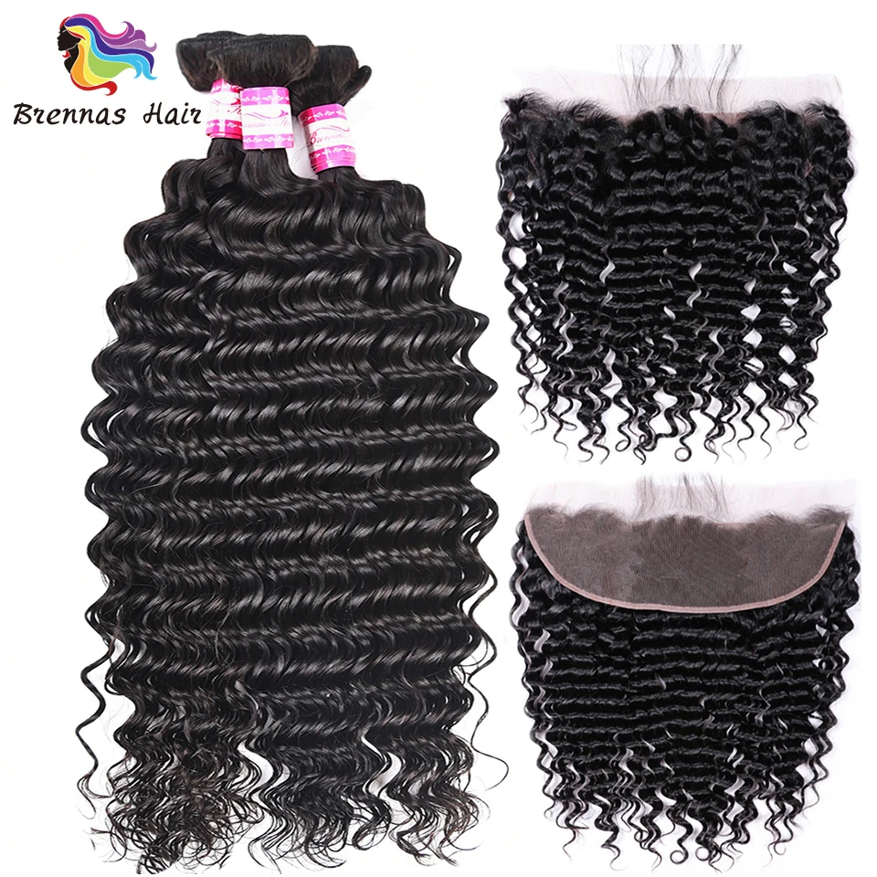 

Brennas Brazilian Deep Wave Hair Bundles with 13*4 Frontal 100% Human Remy Hair bundles 4pcs/pack no smelling no shedding
