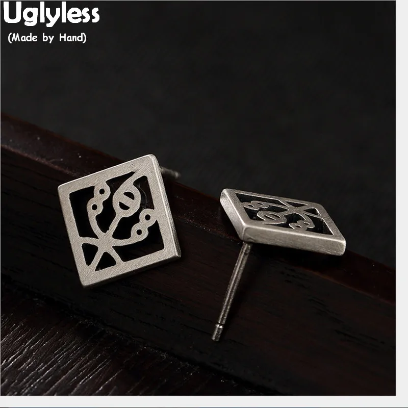 

Uglyless Vintage Square Stud Earrings for Women 100% Real Solid 925 Thai Silver Fine Jewelry Handmade Chinese LE = Happy Studs