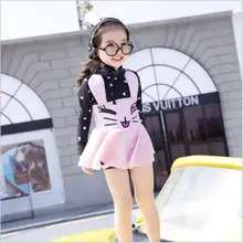 Новые детские купальные костюмы для маленьких девочек с мультяшными изображениями и узором точками, Разделение юбка Длинные рукава Детский купальник, шапочка кролик Одна деталь для девочек