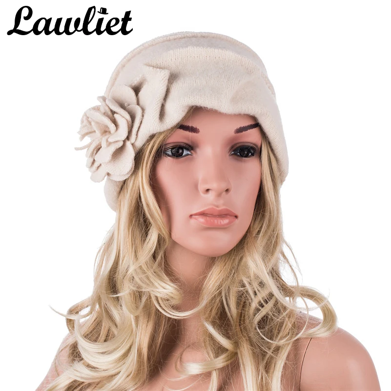 Lawliet шерстяная шапка, женские зимние шапки, одноцветные теплые вязаные дамские шапочки с цветком, Skullies Bonnet Femme Bucket Cloche, зимняя шапка A376