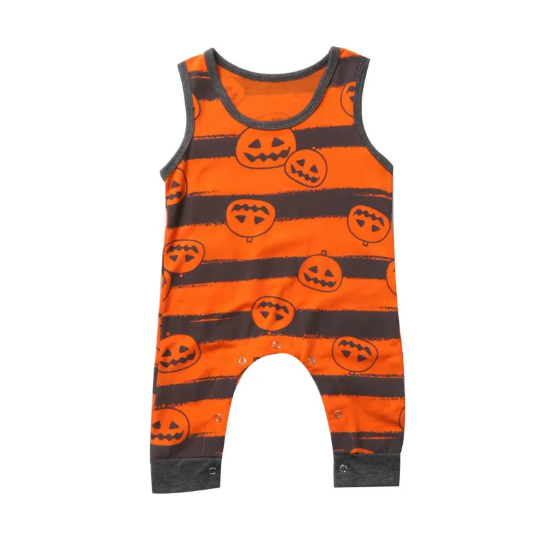 

Summer Cute Clothing Halloween Costume Kids Baby Boy Girl Unisex Sleeveless Romper Jumpsuit Outfits Pumpkin Striped Sunsuit